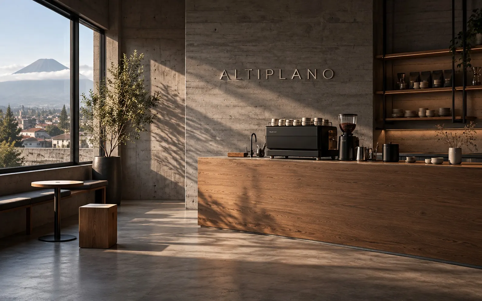 Concept render of the Altiplano coffee shop: board-formed concrete walls, an oak bar and a window framing a volcano.