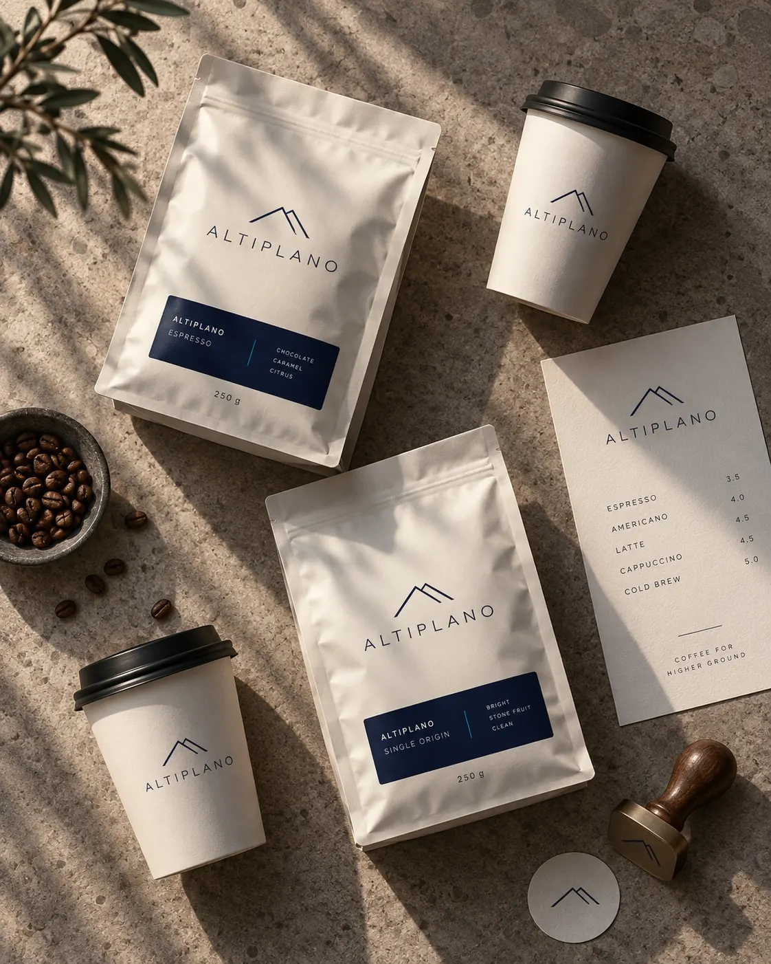 Café Altiplano — Packaging, cups and menu. Concept render.