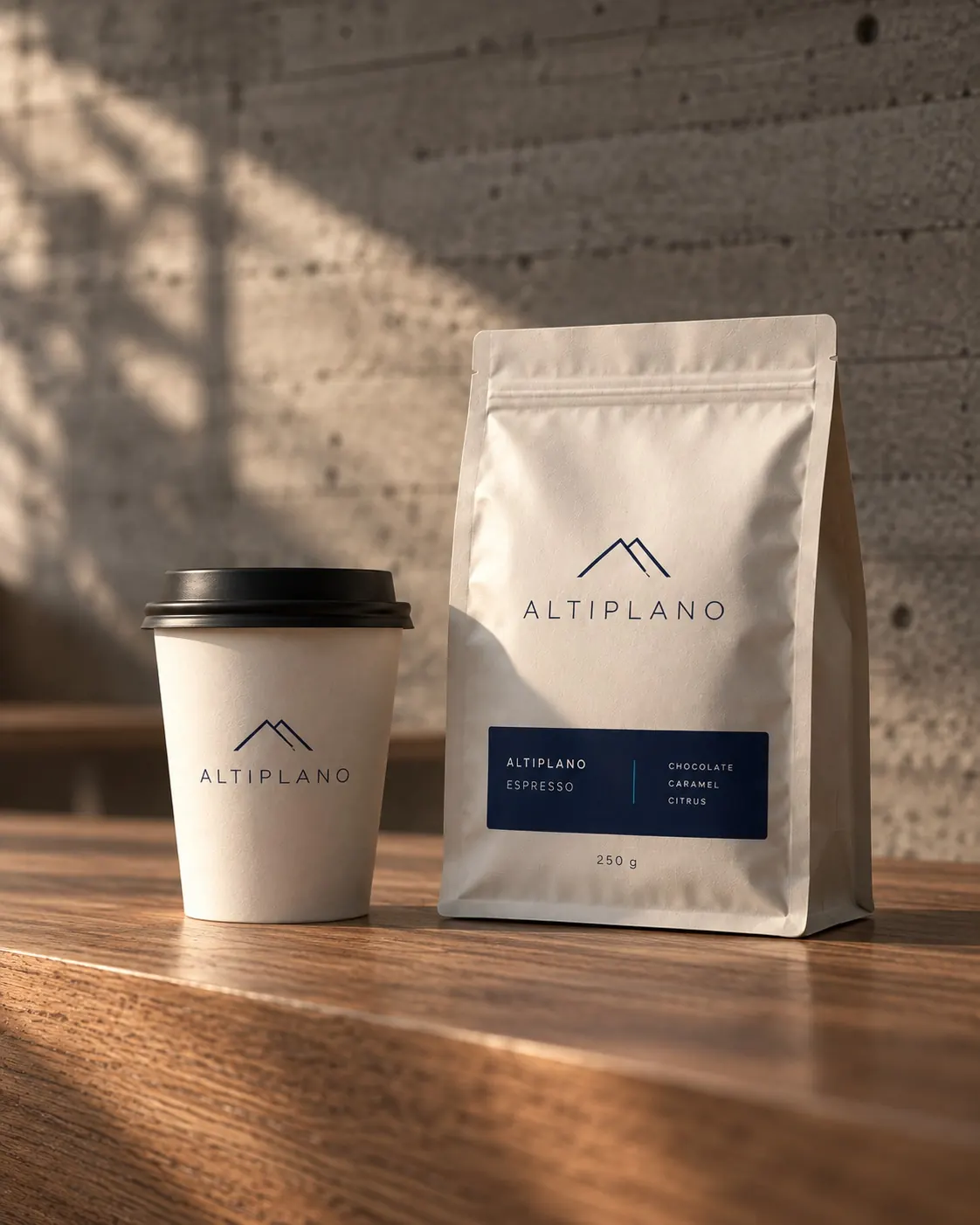 Café Altiplano — Cup and coffee bag. Concept render.