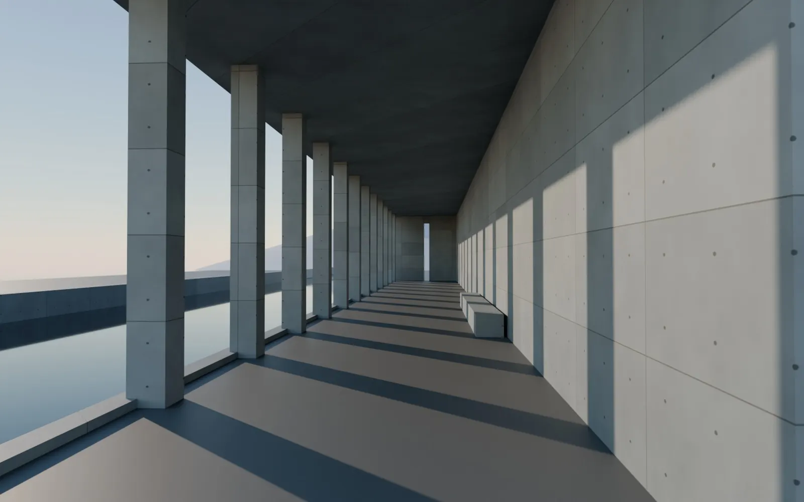 Render of a board-formed concrete colonnade at golden hour, column shadows across a polished floor and a reflecting pool.