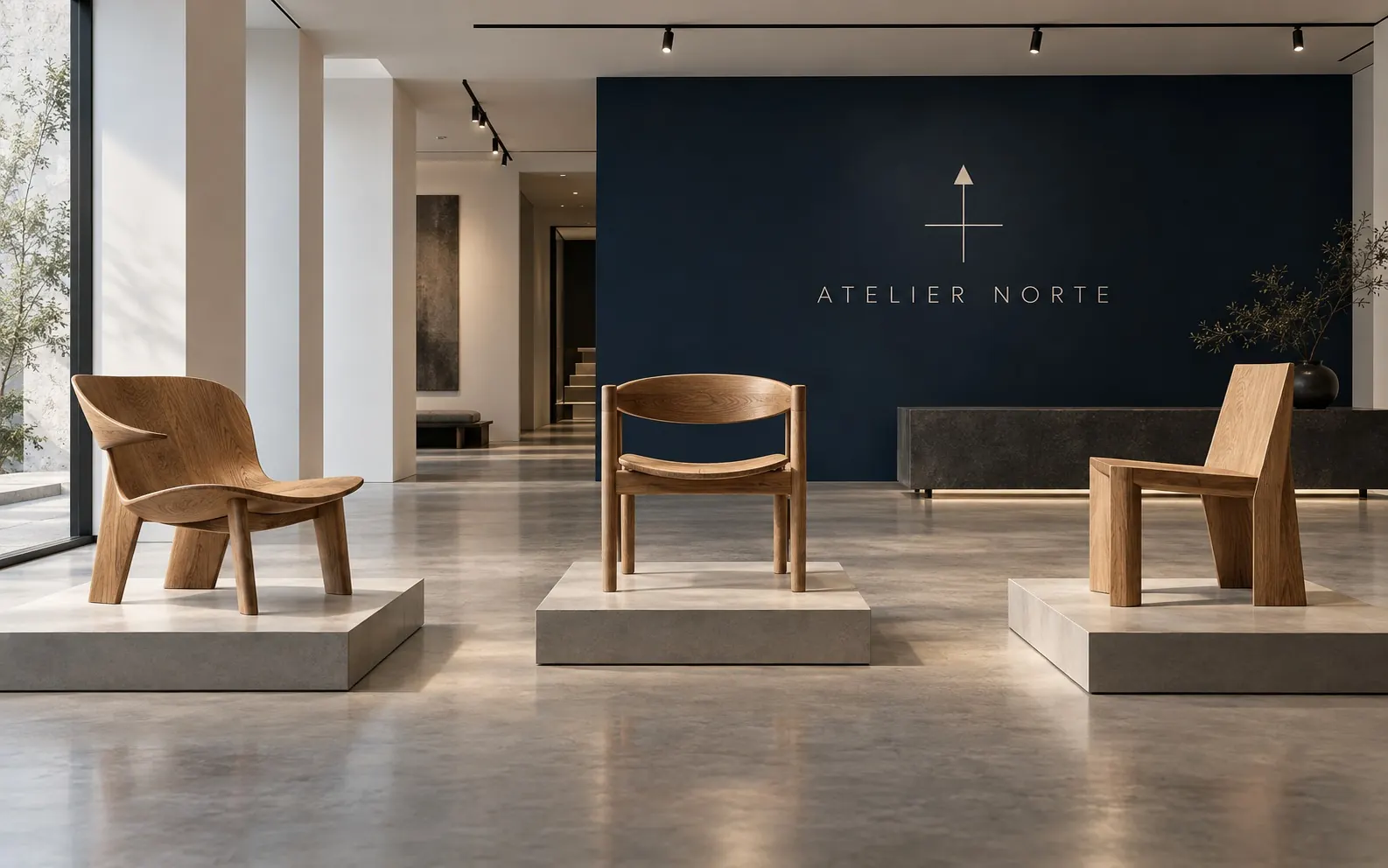 Concept render of the Atelier Norte showroom: three oak chairs on concrete plinths in front of a navy wall with the logo.