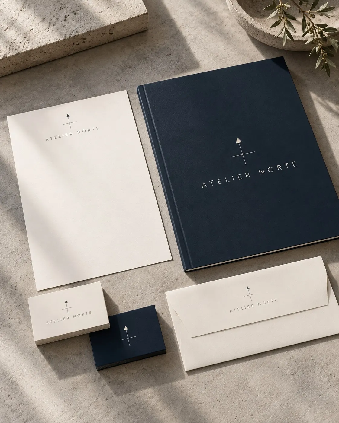 Atelier Norte — Stationery system. Concept render.