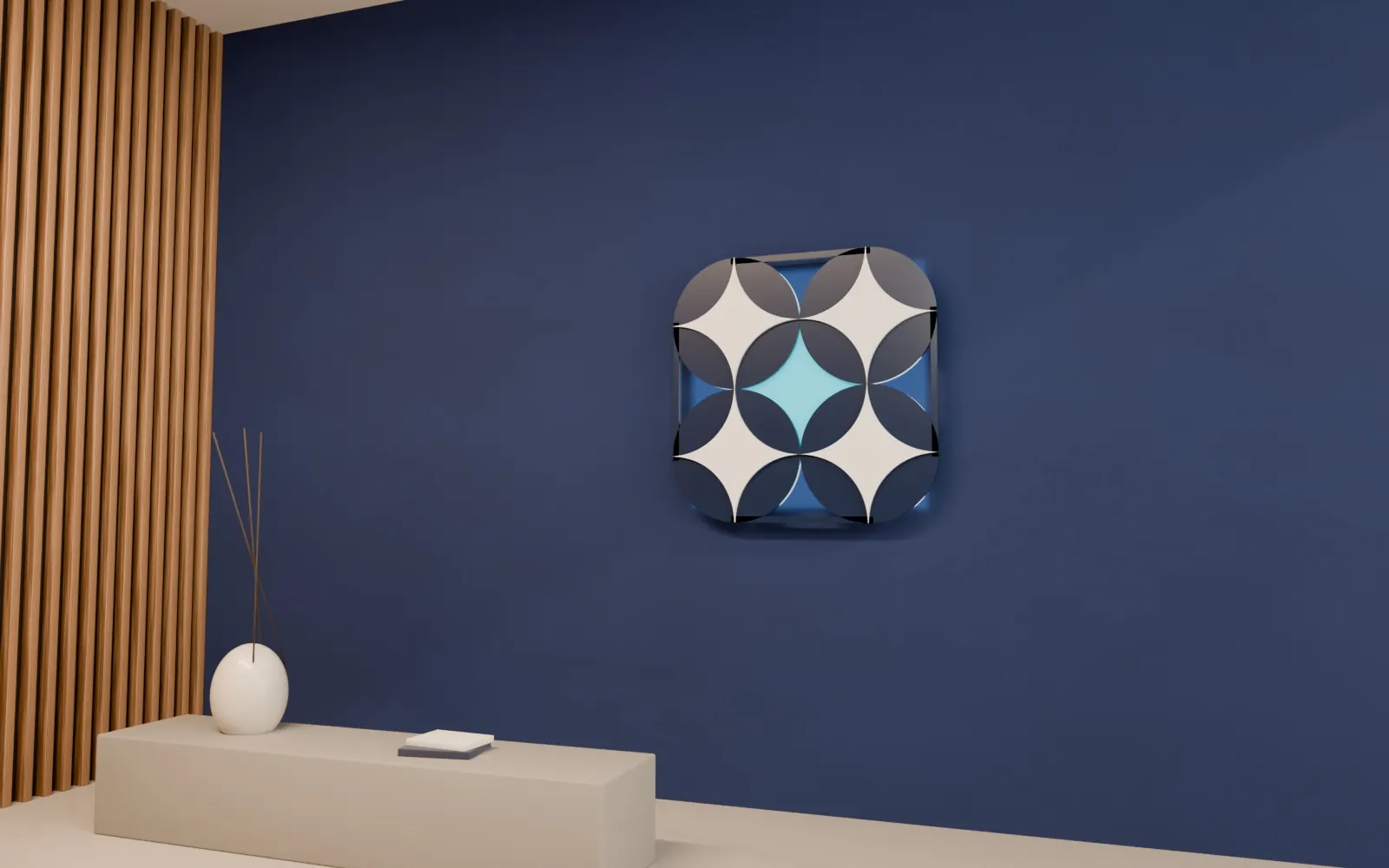 Render of an interior with a navy plaster wall carrying the HerZú symbol as a backlit relief, an oak slat wall and a concrete bench.