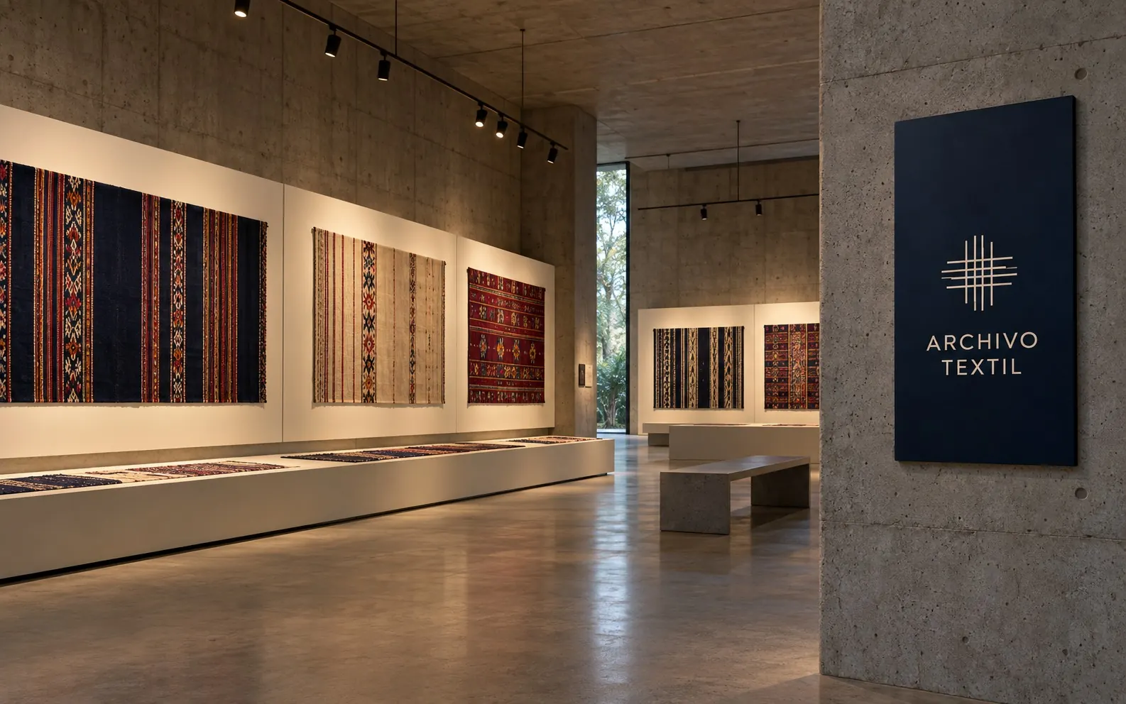 Concept render of a concrete gallery displaying Guatemalan handwoven textiles, with a navy Archivo Textil sign.