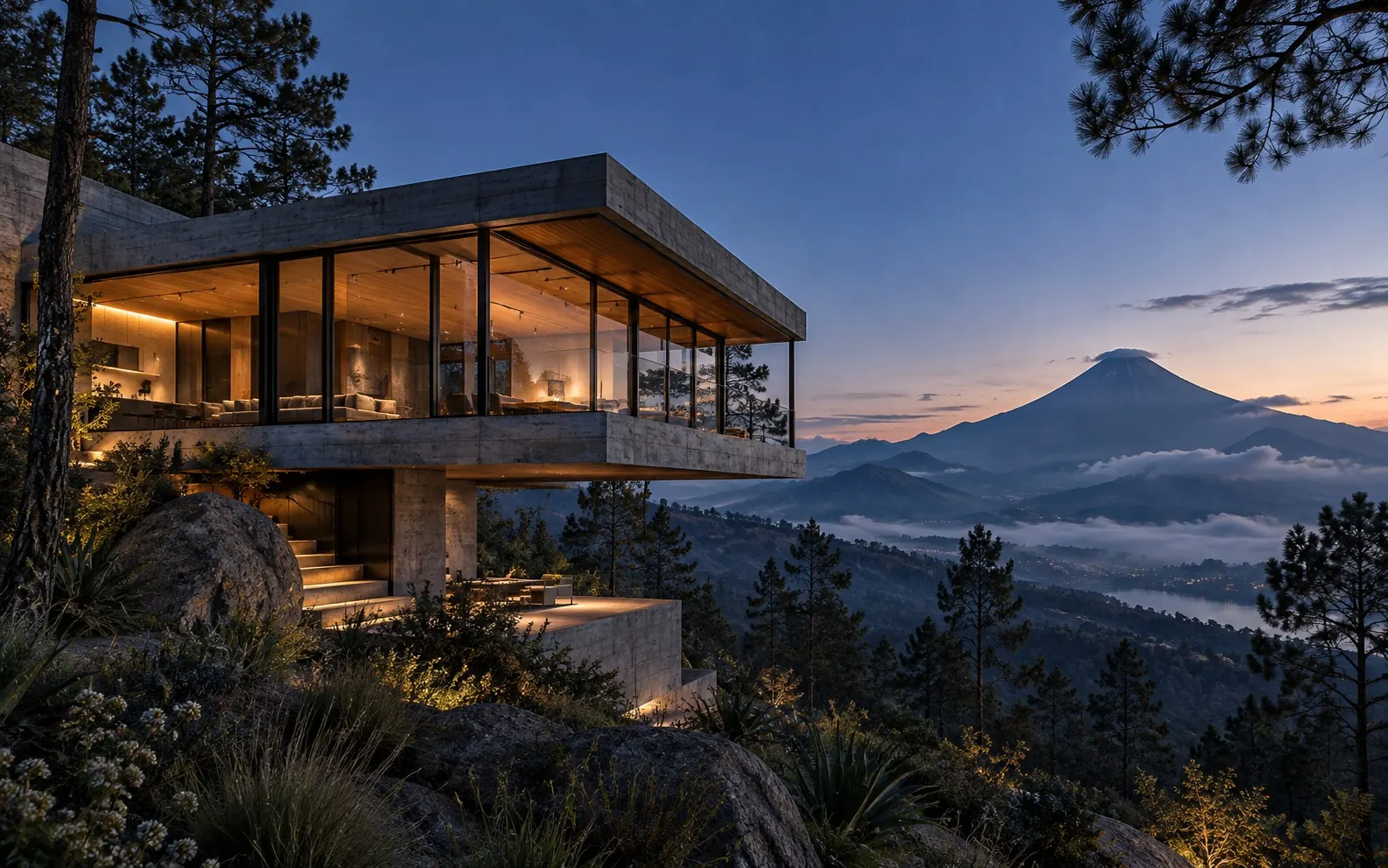 Concept render of a cantilevered concrete and glass house on a pine-covered hillside at blue hour, a volcano and clouds in the distance.