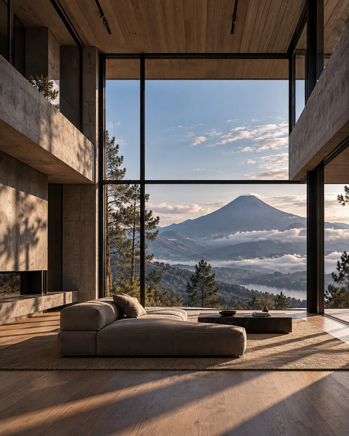Casa Volcán — Double-height living room. Concept render.